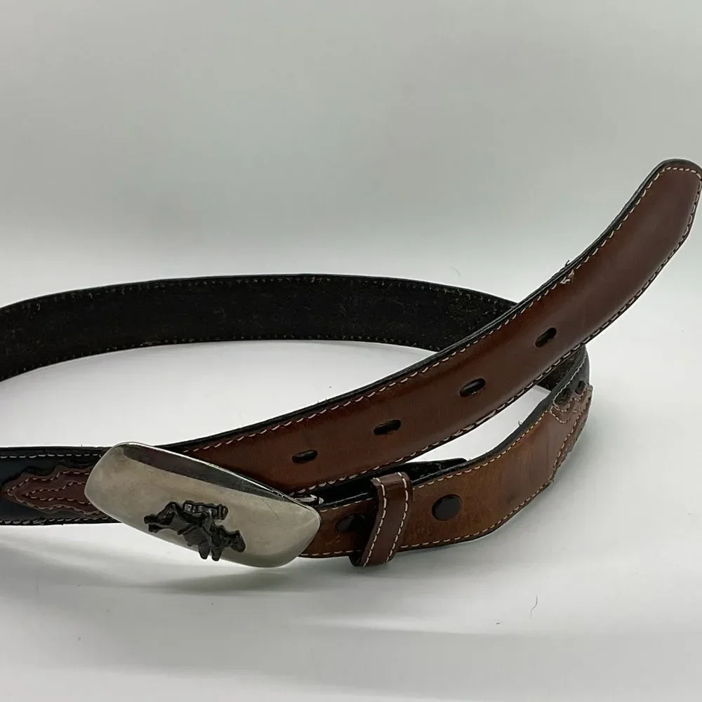 Nocona Brown And Black Leather Belt with Silver Toned embellishments